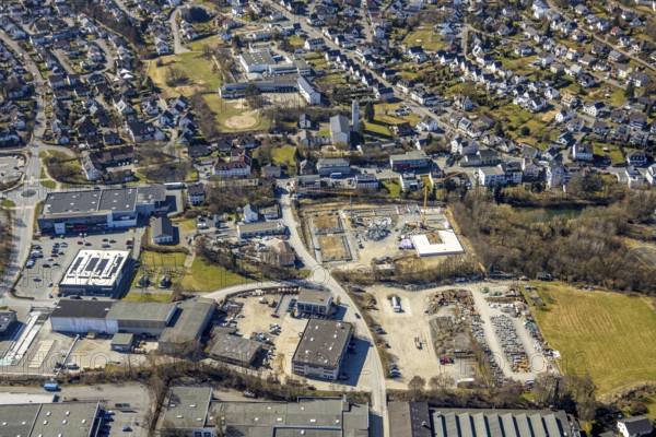 Aerial view, construction site at Ewiger Weg, behind Christkönigkirche Sundern and Marien-Grundschule, residential area Westenfeld, Sundern, Sauerland, North Rhine-Westphalia, Germany, place of worship, education, educational institution, DE, Europe, place of worship, property tax, holy place, real estate, church, parish, educational institute, aerial photograph, aerial photography, aerial photography, religion, school, overview, bird's-eye view, living and life, residential area, residential quality, residential neighbourhood, housing estate, residential area, birds-eyes view, overview