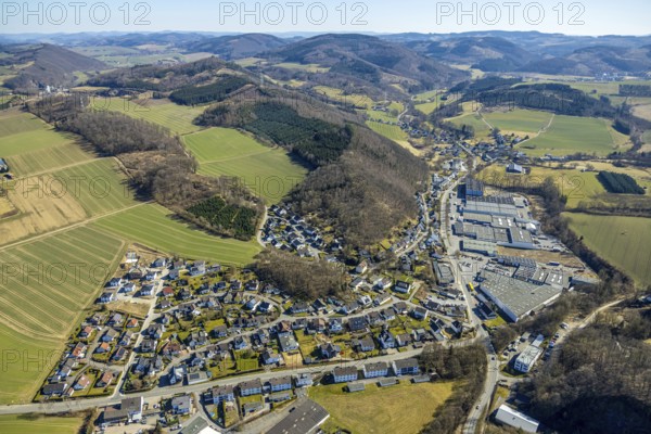 Aerial view, commercial area Röhre and residential area local view Am Bühl, hilly landscape forest area, Sundern, Sauerland, North Rhine-Westphalia, Germany, DE, Europe, property tax, real estate, aerial view, aerial photography, aerial photography, overview, bird's-eye view, living and life, residential area, residential quality, residential neighbourhood, housing estate, residential area, birds-eyes view, overview