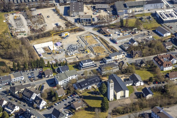Aerial view, construction site at Ewiger Weg, Christkönigkirche Sundern, residential area Westenfeld, Sundern, Sauerland, North Rhine-Westphalia, Germany, place of worship, education, educational institution, DE, Europe, place of worship, property tax, holy place, real estate, church, parish, educational institute, aerial photograph, aerial photography, aerial photography, religion, school, overview, bird's-eye view, living and life, residential area, residential quality, residential neighbourhood, housing estate, residential area, bird's-eye view, overview