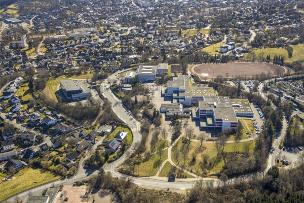 Aerial view, Municipal grammar school and secondary school with sports field, Sundern, Sauerland, North Rhine-Westphalia, Germany, DE, Europe, aerial view, aerial photography, aerial photography, overview, bird's-eye view, overview