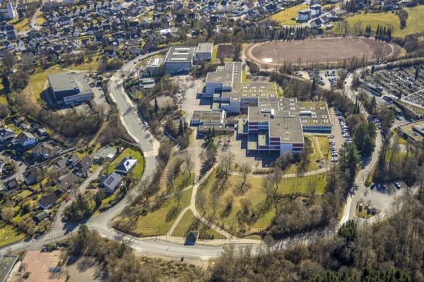Aerial view, Municipal grammar school and secondary school with sports field, Sundern, Sauerland, North Rhine-Westphalia, Germany, DE, Europe, aerial view, aerial photography, aerial photography, overview, bird's-eye view, overview