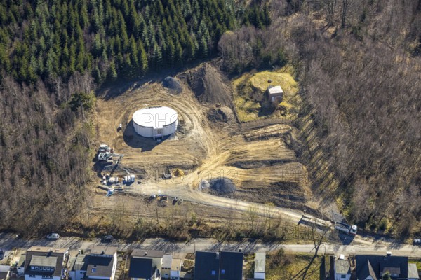 Aerial photo, construction site for wind turbine, wind power plant, Ludwigstraße at the edge of the forest, Sundern, Sauerland, North Rhine-Westphalia, Germany, alternative energy, DE, Europe, aerial photo, aerial photography, aerial photography, overview, bird's-eye view, wind energy, wind power, wind turbine, wind wheels, birds-eyes view, overview