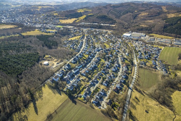 Aerial view, residential area local view In der Flamke, forest area and forest damage, Sundern, Sauerland, North Rhine-Westphalia, Germany, DE, Europe, property tax, real estate, aerial view, aerial photography, aerial photography, overview, bird's-eye view, living and life, residential area, residential quality, residential neighbourhood, housing estate, residential area, birds-eyes view, overview