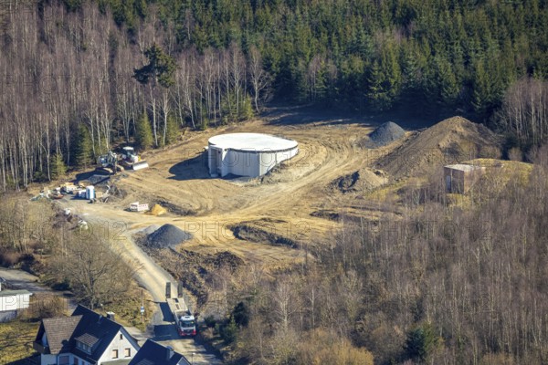 Aerial photo, construction site for wind turbine, wind power plant, Ludwigstraße at the edge of the forest, Sundern, Sauerland, North Rhine-Westphalia, Germany, alternative energy, DE, Europe, aerial photo, aerial photography, aerial photography, overview, bird's-eye view, wind energy, wind power, wind turbine, wind wheels, birds-eyes view, overview