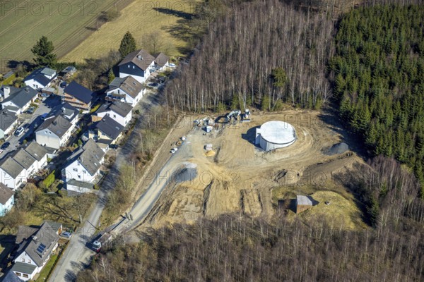 Aerial photo, construction site for wind turbine, wind power plant, Ludwigstraße at the edge of the forest, Sundern, Sauerland, North Rhine-Westphalia, Germany, alternative energy, DE, Europe, aerial photo, aerial photography, aerial photography, overview, bird's-eye view, wind energy, wind power, wind turbine, wind wheels, birds-eyes view, overview