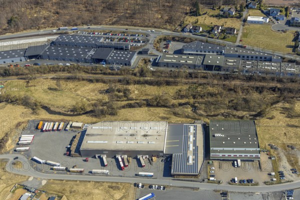 Aerial view, industrial estate Stemelerstraße, Lübke und Vogt Werk, Liedhegener Logistik GmbH Spedition, Stemel, Sundern, Sauerland, North Rhine-Westphalia, Germany, DE, Europe, commercial enterprises, commercial area, commercial area, commercial property, commercial park, commercial site, commercial use, industrial area, industrial site, aerial photograph, aerial photography, aerial photography, overview, bird's-eye view, birds-eyes view, overview
