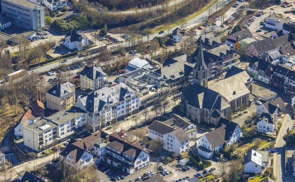Aerial view, St. Johannes Kirche an der Hauptstraße, Sundern, Sauerland, North Rhine-Westphalia, Germany, place of worship, DE, Europe, religious community, place of worship, holy place, church, parish, denomination, aerial view, aerial photography, aerial photography, religion, religious site, overview, bird's-eye view, overview