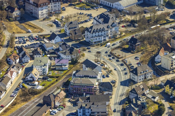 Aerial view, railway station and end of the railway line, crossing of Hauptstraße with Sunderland Hotel, construction site with new building on Kleinbahnstraße, Sundern, Sauerland, North Rhine-Westphalia, Germany, construction work, construction area, building site, building plots, construction project, construction site, DE, Europe, gastronomy, hotel, aerial view, aerial photography, aerial photography, new building, overview, bird's eye view, bird's eye view, overview