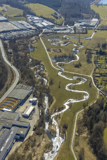 Aerial view, river Sorpe river meander in the Sorpe valley Hachen, shapes and colours, Hachen, Sundern, Sauerland, North Rhine-Westphalia, Germany, DE, Europe, river, aerial view, aerial photography, aerial photography, meander, overview, bird's-eye view, overview