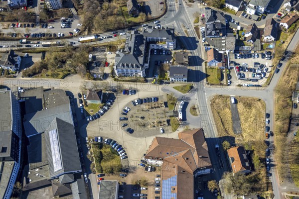 Aerial view, town hall square, Sunderland Hotel, Sundern, Sauerland, North Rhine-Westphalia, Germany, DE, Europe, gastronomy, hotel, aerial view, aerial photography, aerial photography, overview, bird's-eye view, overview
