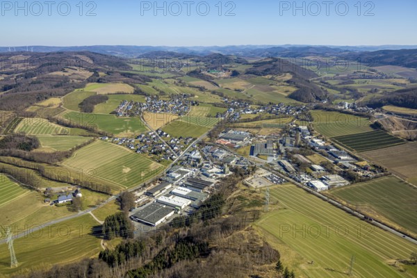 Aerial view, commercial area Am Gelben Berg, hilly landscape with wooded area, residential area local view district Westenfeld, behind district Bainghausen, Sundern, Sauerland, North Rhine-Westphalia, Germany, DE, Europe, commercial enterprises, commercial area, commercial property, commercial location, commercial use, property tax, real estate, industrial location, aerial view, aerial photography, aerial photography, overview, bird's-eye view, housing and living, residential area, residential quality, residential neighbourhood, housing estate, residential district, birds-eyes view, overview