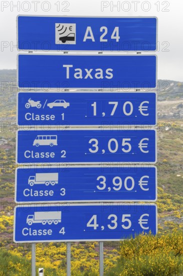 Tolls on the Portuguese motorways, road sign, Mondrões, Vila Real district, Portugal, Europe, Mondräes, aerial view, birds-eyes view, Travel, travel photography