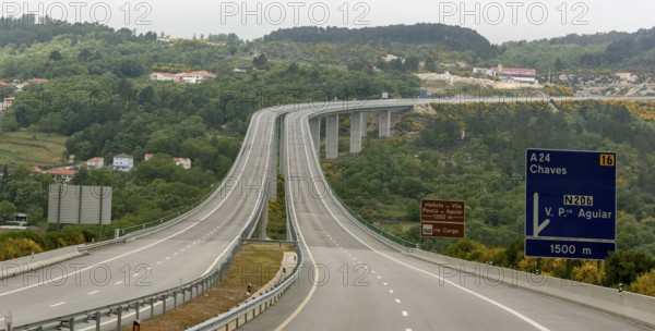 Motorway A24, motorway bridge, MondrÃµes, Vila Real district, Portugal, Europe, Mondräes, aerial view, birds-eyes view, Travel, travel photography