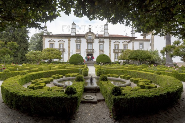 Manicured gardens of the palace, Casa de Mateus, palace with large gardens, Arroios, Vila Real district, Portugal, Europe, aerial view, birds-eyes view, Travel, travel photography