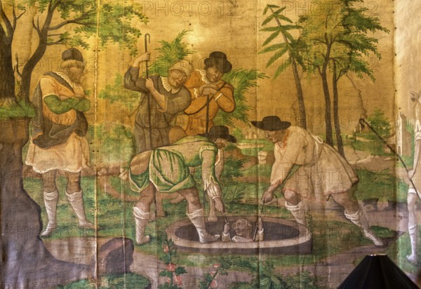Silk wallpaper with Far Eastern motifs, Casa de Sezim, Grande Escolha winery in the Minho region, the garden of Portugal, Nespereira, Braga district, Portugal, Europe, aerial view, birds-eyes view, travel, travel photography