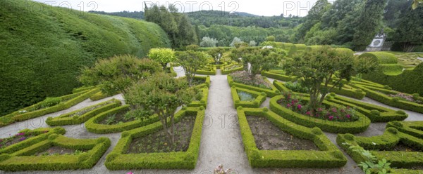 Baroque garden, palace gardens, Casa de Mateus, palace with large gardens, Arroios, Vila Real district, Portugal, Europe, BlosseyPortugal, aerial view, birds-eyes view, Travel, travel photography