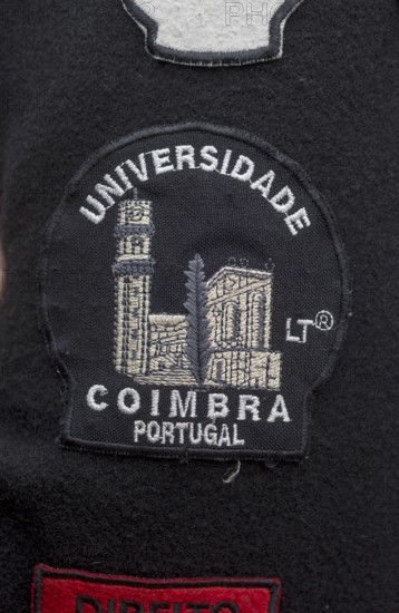 Stickers with different meanings on the capes of the students of Coimbra, University of Coimbra, Coimbra, district of Coimbra, Portugal, Europe, aerial view, birds-eyes view, travel, travel photography