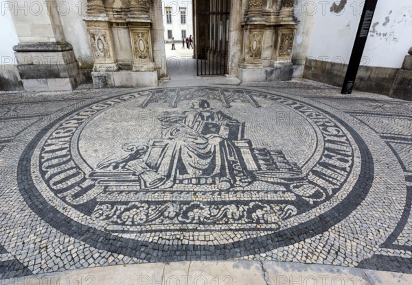 University entrance emblem, University of Coimbra, Coimbra, Coimbra district, Portugal, Europe, aerial view, birds-eyes view, travel, travel photography