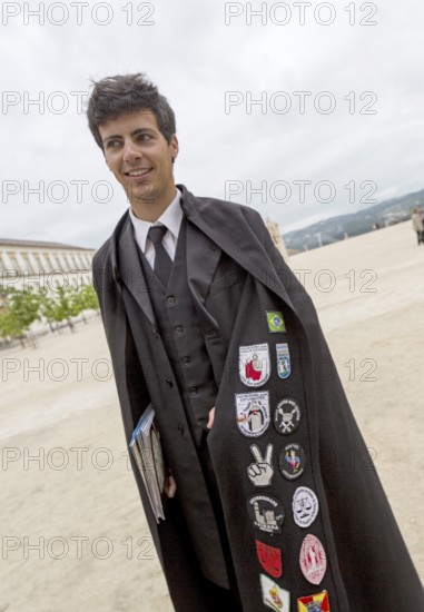 Stickers with different meanings on the capes of the students of Coimbra, University of Coimbra, Coimbra, district of Coimbra, Portugal, Europe, aerial view, birds-eyes view, travel, travel photography