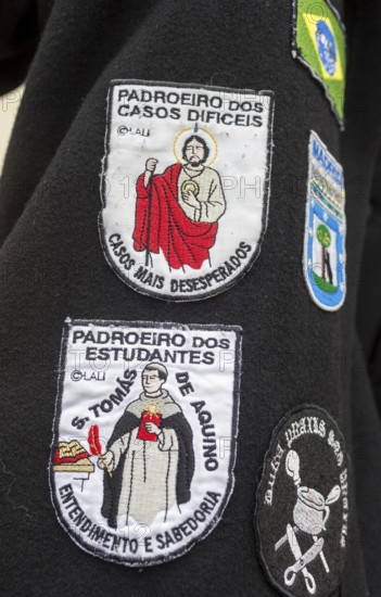 Stickers with different meanings on the capes of the students of Coimbra, University of Coimbra, Coimbra, district of Coimbra, Portugal, Europe, aerial view, birds-eyes view, travel, travel photography