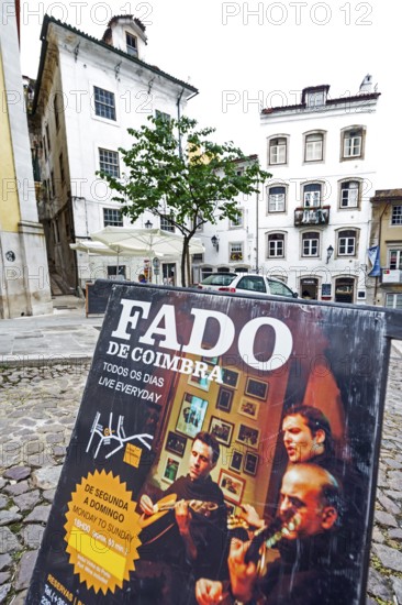 Fado poster, fado singer in a cultural centre, Coimbra, Coimbra district, Portugal, Europe, aerial view, birds-eyes view, travel, travel photography
