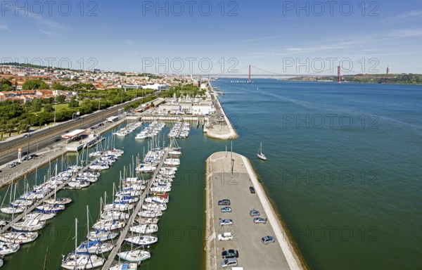 View from the Monumento a Los Descubrimientos to the sailing harbour of Lisbon, Lisbon, Lisbon district, Portugal