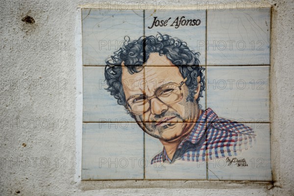 Artist and political singer Jose Alfonso, painted tiles, azulejos, old town of Coimbra, Coimbra, district of Coimbra, Portugal, Europe, aerial view, birds-eyes view, travel, travel photography