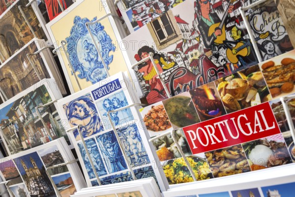 Postcards of Coimbra at a postcard stand, Miranda do Corvo, Coimbra district, Portugal, Europe, aerial view, birds-eyes view, Travel, travel photography