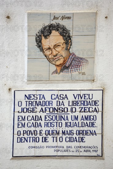 Artist and political singer Jose Alfonso, painted tiles, azulejos, old town of Coimbra, Coimbra, district of Coimbra, Portugal, Europe, aerial view, birds-eyes view, travel, travel photography