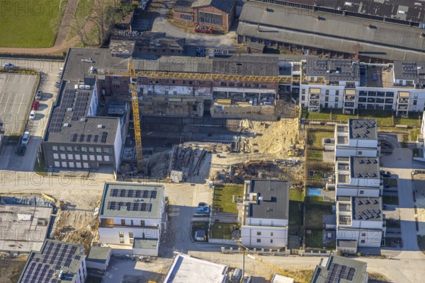 Aerial view, construction site Merkurhöfe new building residential area Rennekamp, former Merkur site, Soest, Soester Börde, North Rhine-Westphalia, Germany, construction work, construction area, construction site, building plots, construction project, construction site, DE, Europe, property tax, real estate, aerial photograph, aerial photography, aerial photography, overview, bird's eye view, residential complex, living and living, residential area, residential quality, residential neighbourhood, residential estate, residential area, birds-eyes view, overview
