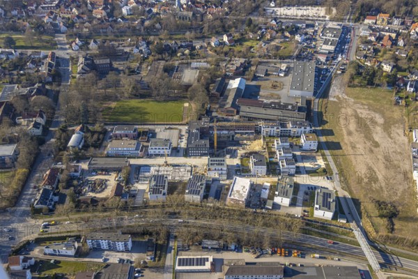 Aerial view, construction site Merkurhöfe new building residential area Rennekamp, former Merkur site, Soest, Soester Börde, North Rhine-Westphalia, Germany, construction work, construction area, construction site, building plots, construction project, construction site, DE, Europe, property tax, real estate, aerial photograph, aerial photography, aerial photography, overview, bird's eye view, residential complex, living and living, residential area, residential quality, residential neighbourhood, residential estate, residential area, birds-eyes view, overview