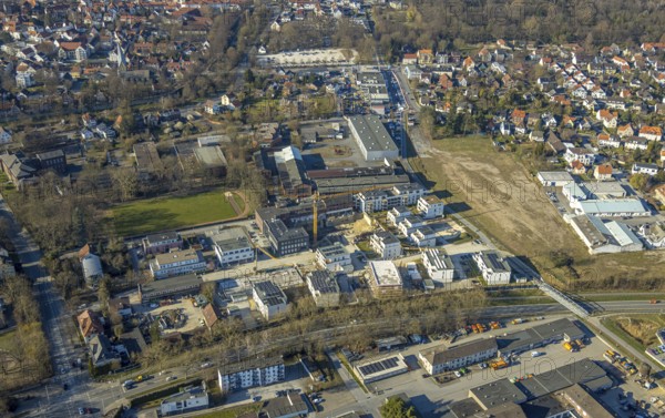 Aerial view, construction site Merkurhöfe new building residential area Rennekamp, former Merkur site, Soest, Soester Börde, North Rhine-Westphalia, Germany, construction work, construction area, construction site, building plots, construction project, construction site, DE, Europe, property tax, real estate, aerial photograph, aerial photography, aerial photography, overview, bird's eye view, residential complex, living and living, residential area, residential quality, residential neighbourhood, residential estate, residential area, birds-eyes view, overview