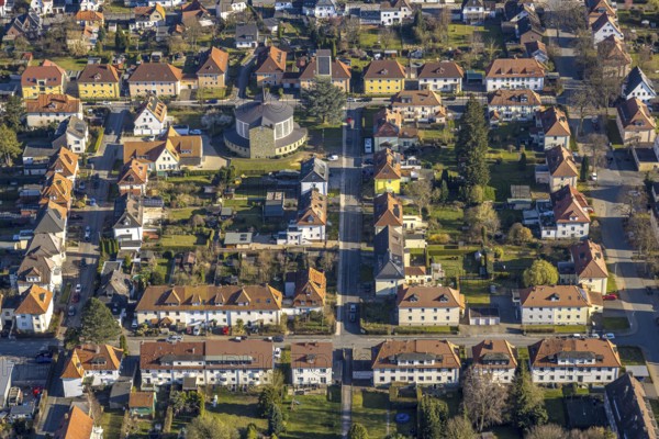 Aerial view, residential area housing estate, terraced houses with red roofs between Müllingser Weg and Niederbergheimer Straße, St. Bruno Church Akazienstraße, Soest, Soester Börde, North Rhine-Westphalia, Germany, Akazienstraße, place of worship, architecture, buildings, DE, village, roofs, Beluga (sturgeon), Europe, building, religious community, place of worship, property tax, holy site, houses, real estate, infrastructure, church, church community, church tower, denomination, aerial view, aerial photography, aerial photography, Müllingser Weg, neighbourhood, Niederbergheimer Straße, planning, terraced houses, religion, religious site, residential area, St. Bruno Church, city, street network, overview, urban, bird's-eye view, housing estate, housing and living, residential area, residential buildings, quality of life, residential neighbourhood, housing estate, residential district, birds-eyes view, European, rural, overview, red roofs