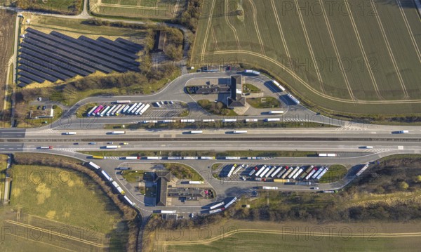 Aerial view, Serways service area Soester Börde on the A44 motorway, truck parking, Müllingsen, Soest, Soester Börde, North Rhine-Westphalia, Germany, motorway, DE, Europe, aerial view, aerial photography, aerial photography, rest area, service area, road traffic, overview, bird's-eye view, overview