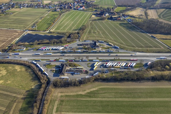 Aerial view, Serways service area Soester Börde on the A44 motorway, truck parking, Müllingsen, Soest, Soester Börde, North Rhine-Westphalia, Germany, motorway, DE, Europe, aerial view, aerial photography, aerial photography, rest area, service area, road traffic, overview, bird's-eye view, overview