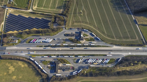 Aerial view, Serways service area Soester Börde on the A44 motorway, truck parking, Müllingsen, Soest, Soester Börde, North Rhine-Westphalia, Germany, motorway, DE, Europe, aerial view, aerial photography, aerial photography, rest area, service area, road traffic, overview, bird's-eye view, overview