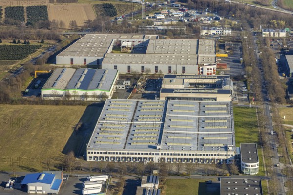Aerial view, commercial area Overweg with Hasbro Deutschland GmbH, Soest, Soester Börde, North Rhine-Westphalia, Germany, DE, Europe, commercial enterprises, commercial area, commercial property, commercial site, commercial use, industrial area, industrial site, aerial photograph, aerial photography, aerial photography, overview, bird's-eye view, overview