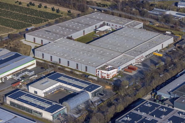 Aerial view, commercial area Overweg with Hasbro Deutschland GmbH, Soest, Soester Börde, North Rhine-Westphalia, Germany, DE, Europe, commercial enterprises, commercial area, commercial property, commercial site, commercial use, industrial area, industrial site, aerial photograph, aerial photography, aerial photography, overview, bird's-eye view, overview