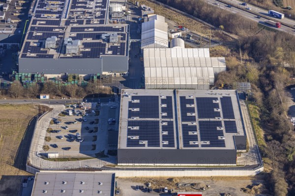 Aerial view, commercial area Overweg, construction site new building with solar roof, Salinenweg, Müllingsen, Soest, Soester Börde, North Rhine-Westphalia, Germany, construction work, construction area, construction site, building plots, construction project, construction site, DE, Europe, commercial enterprises, commercial area, commercial area, commercial property, commercial site, commercial use, industrial area, industrial site, aerial photograph, aerial photography, aerial photography, overview, bird's eye view, birds-eyes view, overview