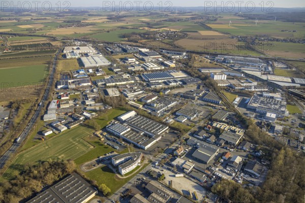 Aerial view, commercial area Overweg, behind Hasbro Deutschland GmbH, Soest, Soester Börde, North Rhine-Westphalia, Germany, DE, Europe, commercial enterprises, commercial area, commercial area, commercial property, commercial site, commercial use, industrial area, industrial site, aerial photograph, aerial photography, aerial photography, overview, bird's-eye view, overview