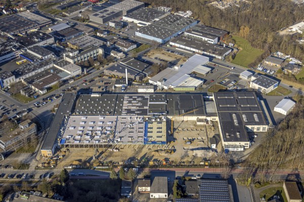 Aerial view, commercial area Lange Wende with Delta Energy Systems (Deutschland) GmbH, Soest, Soester Börde, North Rhine-Westphalia, Germany, DE, Europe, commercial enterprises, commercial area, commercial area, commercial property, commercial site, commercial use, industrial area, industrial site, aerial view, aerial photography, aerial photography, overview, bird's-eye view, overview
