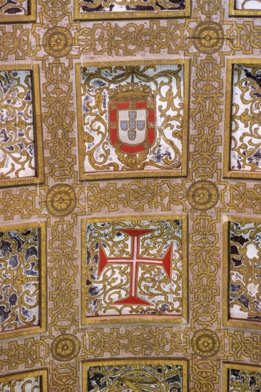 Hall with coffered ceiling and flag of historical Portugal, Fortress of Tomar, Castle of the Knights Templar, Templars, UNESCO cultural heritage, Tomar, Santarém district, Portugal, Europe, Convento da Ordem de Christo, Santarém district, aerial view, birds-eyes view, Travel, Travel photography