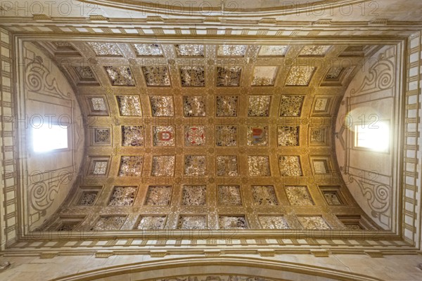 Hall with coffered ceiling and flag of historical Portugal, Fortress of Tomar, Castle of the Knights Templar, Templars, UNESCO cultural heritage, Tomar, Santarém district, Portugal, Europe, Convento da Ordem de Christo, Santarém district, aerial view, birds-eyes view, Travel, Travel photography