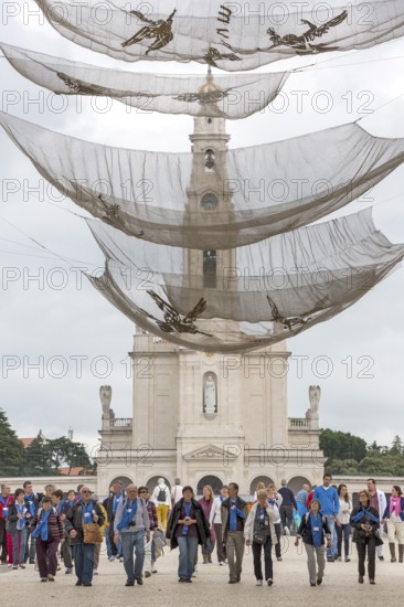 View from the entrance of the modern church of the Holy Trinity, Igreja da Santissima Trindade, onto the basilica, Fátima, Santarém district, Portugal, Europe, Fátima, Santarém district, aerial view, birds-eyes view, Travel, Travel Photography