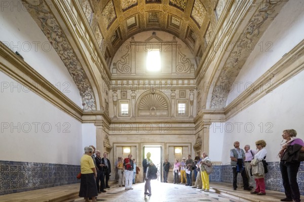 Hall with coffered ceiling and flag of historical Portugal, Fortress of Tomar, Castle of the Knights Templar, Templars, UNESCO cultural heritage, Tomar, Santarém district, Portugal, Europe, Convento da Ordem de Christo, Santarém district, aerial view, birds-eyes view, Travel, Travel photography