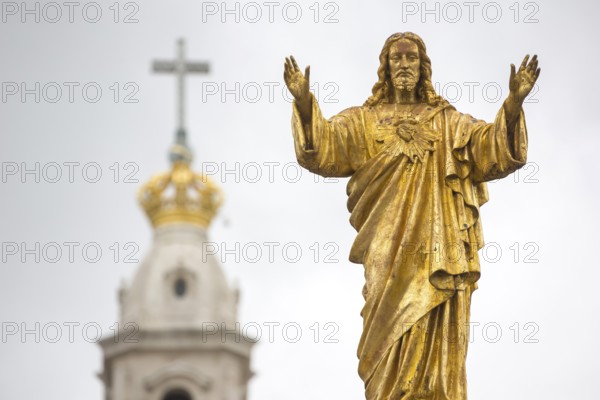 Jesus figure above the forecourt of the Basilica Antiga, Fátima, Santarém district, Portugal, Europe, Fátima, Santarém district, aerial view, birds-eyes view, Travel, Travel photography
