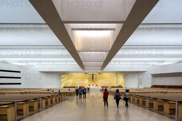 Interior of the modern church of the Holy Trinity opposite the basilica, Igreja da Santissima Trindade, Fátima, Santarém district, Portugal, Europe, Fátima, Santarém district, aerial view, birds-eyes view, Travel, Travel photography