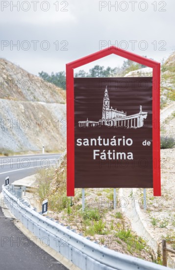 Town entrance sign of the pilgrimage town Fatima, Porto de Mós, Leiria district, Portugal, Europe, Porto de Mós, aerial view, birds-eyes view, Travel, Travel photography
