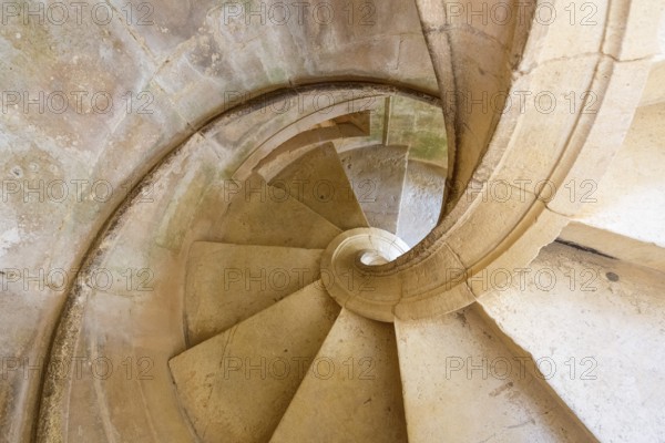 Spiral staircase, Corner staircase of the Great Cloister of Diogo do Torralva, Panorama, Fortress of Tomar, Castle of the Knights Templar, Templar, UNESCO cultural heritage, Tomar, District of Santarém, Portugal, Europe, Convento da Ordem de Christo, District of Santarém, Aerial view, birds-eyes view, Travel, Travel photography