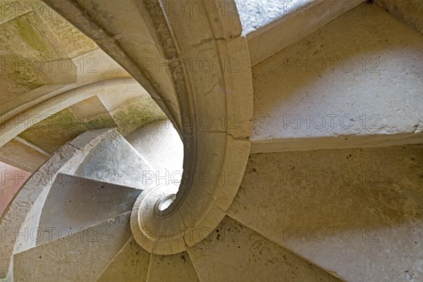 Spiral staircase, Corner staircase of the Great Cloister of Diogo do Torralva, Panorama, Fortress of Tomar, Castle of the Knights Templar, Templar, UNESCO cultural heritage, Tomar, District of Santarém, Portugal, Europe, Convento da Ordem de Christo, District of Santarém, Aerial view, birds-eyes view, Travel, Travel photography